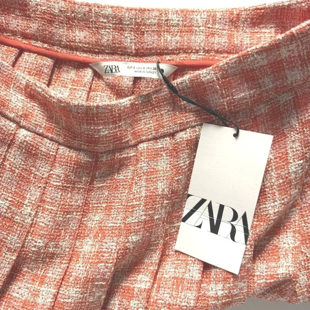 Zara Womens Small Orange White Tweed Plaid Pleated Mini Skirt Preppy Chic A-Line